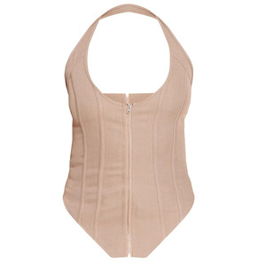 Corsé de mujer beige de moda con cuello halter estilo francés, corsé con varillas, corsé sin mangas con cremallera, corsé con bajo asimétrico, top moldeador - Product Image 5