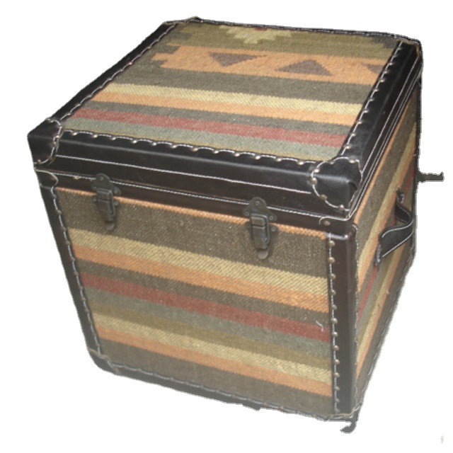 Highly Durable Home Decoration Vintage Square Wooden Mdf Base Leather Salawas Durry Storage Trunk