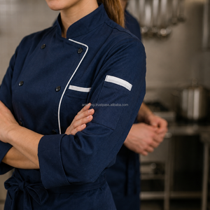 Conjunto de Uniforme de Chef Profesional Azul Marino, Manga Larga, Algodón Tejido, Cierre de Botones, Unisex, para Restaurante y Bar - Product Image 4