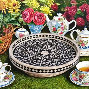 Bandeja Redonda Artesanal con Incrustaciones de Hueso, Diseño Floral Negro, Ecológica, Decorativa, para Servir, para Cumpleaños/Bodas/Ramadán, Decoración del Hogar - Product Image 2
