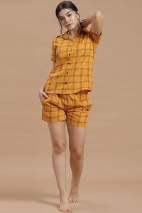 Conjunto de camisa y pantalones cortos a cuadros para mujer, con cierre de botones, algodón transpirable, corte casual regular, cintura media - Product Image 3