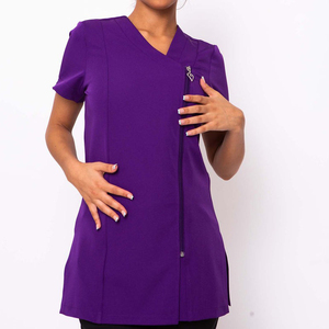 Women's Red Breathable Polyester Short Sleeve V-Neck Scrub Top with Zip Front and Custom Logo Embroidery Tunic - Product Image 6