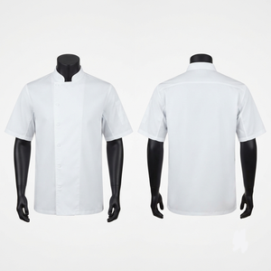 เสื้อเชฟพรีเมียม ผ้าทวิลล์ โพลีเอสเตอร์ 65% คอตตอน 35% 200 GSM สีขาว ปักโลโก้ได้ ชุดยูนิฟอร์มร้านอาหาร - Product Image 1