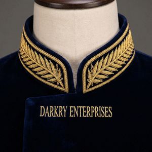 Servicio de Fabricación de Cuellos de Terciopelo Azul Marino con Bordado de Hilo de Oro Hecho a Mano y Diseño de Hojas - Product Image 1