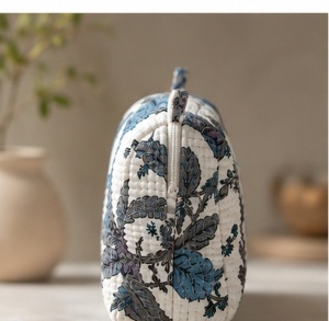 <b>Quilted</b> Cotton Floral <b>Makeup</b> <b>Bag</b> with Blue and Purple Printed Design Handmade Indian Textile Travel Toiletry Organizer - Product Image 1