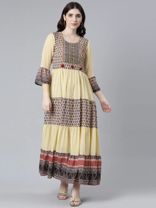 Elegant Beige Printed Tiered Maxi Dress with Ethnic Motifs Flowy Silhouette and <b>Three</b>-Quarter Sleeves for Festive Casual Wear - Product Image 3