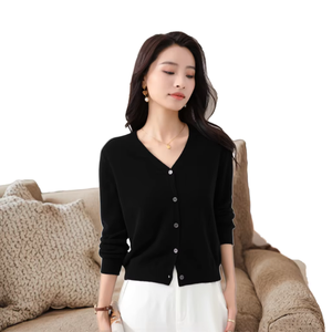 Women's Red V-Neck Knit Cardigan Full Sleeve Solid Color Button Front Elegant Autumn Wear 100% Acrylic Regular Fit - Product Image 2