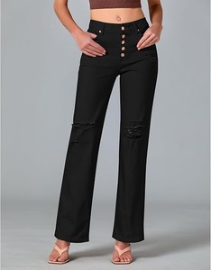 Jean Bootcut en Denim Noir Coton Effet Sculptant Coupe Droite Taille Mi-Haute Longueur Genou Style Vintage Lavable - Product Image 1
