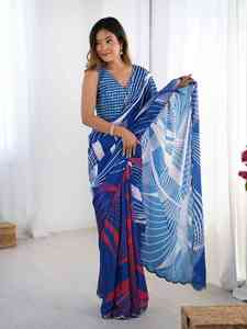 Sari moderne en polyester bleu imprimé avec des accents rouges et une bordure en dentelle miroir pour femmes, vêtements décontractés toutes saisons - Product Image 1