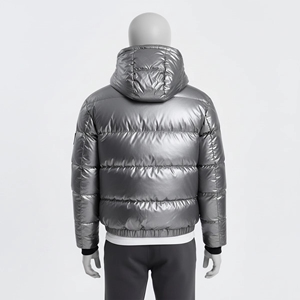 Men's Hooded <b>Puffer</b> <b>Jacket</b> <b>Silver</b> Metallic Glossy Quilted Windproof Winter Coat Outerwear - Product Image 3