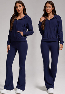 ชุดกีฬาลำลองผู้หญิงแบบมีฮู้ดและกางเกงขายาวทรงบาน สีพื้น ชุดเซ็ตสองชิ้น ระบายอากาศได้ดี สำหรับฤดูหนาว ไซส์พลัส - Product Image 3