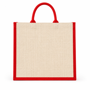 Sac fourre-tout en jute écologique, petit format, avec bordure rouge, imprimé « Good Vibes Only », poignée supérieure, idéal pour les courses au supermarché - Product Image 3