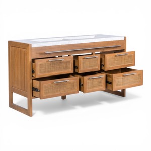 Meuble de salle de bain en teck massif artisanal écologique indonésien avec tiroirs en rotin, plan de travail en pierre artificielle et double vasque - Product Image 2