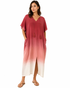 Robe longue kaftan bohème rose tie-dye personnalisée OEM pour femme, col en V, coupe moderne, 100 % coton écologique, toutes saisons, paréo de plage - Product Image 1