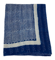Couvre-lit en coton Kantha à motifs géométriques bleu indigo, cousu à la main, décoration traditionnelle indienne pour la maison, toutes saisons