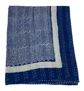 Indigo Blue Geometric Pattern Cotton Kantha <b>Quilt</b> Hand Stitched Traditional Indian Home Decor <b>Bedspread</b> All-Season - Product Image 5