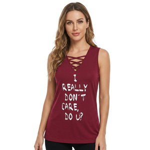 Camiseta sin mangas de punto cruzado color granate para mujer, con estampado 'I Really Don't Care', informal, sin mangas, de secado rápido, transpirable, 180g, 100% algodón - Product Image 2