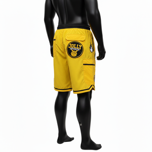 Soft lightweight polyester windbreaker <b>shorts</b> yellow black cargo panel embroidery <b>patch</b> heat transfer custom logo <b>men's</b> <b>shorts</b> - Product Image 5