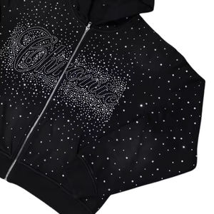 Sudadera con Capucha Negra con Pedrería OEM ODM para Hombre, Sudadera con Cremallera de Lujo con Cristales, Ropa Urbana Brillante para Adultos, Moda con Diamantes, 100% Algodón Teñido Liso - Product Image 5