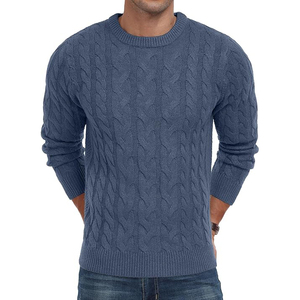Blue Cable Knit <b>Pullover</b> <b>Sweater</b> Crew Neck Full Sleeve Regular Fit Autumn Knitted Solid Color <b>Sweater</b> - Product Image 1