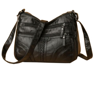 Sac bandoulière en cuir véritable pour femme, avec panneaux unis, fermeture éclair classique, durable, pour usage quotidien toutes saisons - Product Image 1