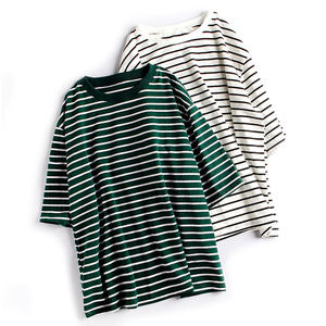 T-shirts pour femmes en coton tricoté, délavés, à blocs de couleur et rayures, à épaules classiques, manches courtes, printemps, avec boutons et perles - Product Image 4