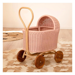 Beautiful Pink Rattan Baby <b>Doll</b> Stroller Natural Wicker Toy Cart Kids Pretend <b>Play</b> Furniture Decorative Nursery Room Home Decor - Product Image 1