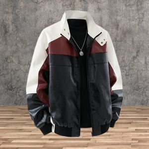 Men's PU Premium Leather <b>Jacket</b> Color Blocking Stand Collar Zipper Closure Casual Autumn Wear Regular Fit - Product Image 6