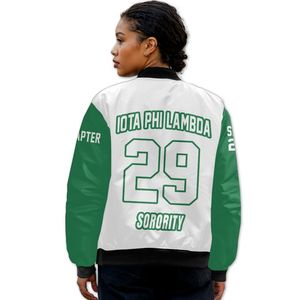 Blouson Bomber Universitaire Personnalisé pour Femme Iota Phi Lambda, Blanc Vert Émeraude, avec Écusson à Lettres Grecques et Fermeture Éclair au Dos - Product Image 2