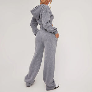 Custom Logo Acid Wash Cropped Hoodie Set <b>Women</b> Two Piece Tracksuit High Waist Wide Leg Sweatpants Casual Gymwear <b>Lounge</b> Set - Product Image 5