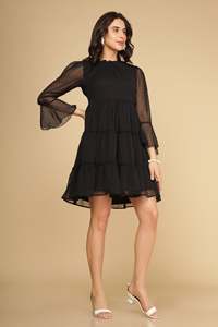 Minivestido de Gasa Negra con Manga con Volantes y Dobladillo en Capas, Silueta en A, Ideal para Fiestas de Verano, Hermoso Vestido Elegante - Product Image 2