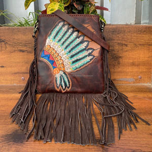 Hot Selling Women's Western Floral Pattern <b>Crossbody</b> <b>Purse</b> Large Fringe Genuine Leather Concealed Carry Nylon Hand Tooled Zipper - Product Image 3