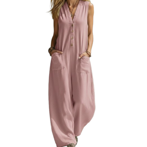 Combinaison décontractée haut de gamme pour femme, 60/40 lin/coton, boutonnée, brodée, tie-dye, taille haute, doublure douce et respirante pour l'été - Product Image 5