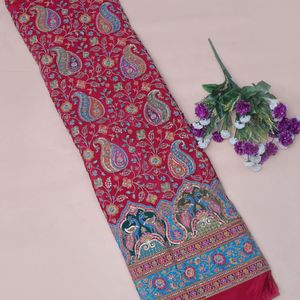 Majestic Lightweight Indian Ethnic Crimson <b>Red</b> Paisley Peacock Daman 54 Inches Crepe Fabric Shimmering <b>Sequin</b> Detail Bridal - Product Image 4