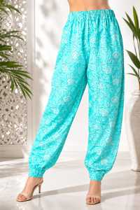 Boho Floral Printed <b>Harem</b> Jogger Pants Women High Elastic Waist Casual Summer Beach Regular Fit Turquoise 100% Cotton - Product Image 4