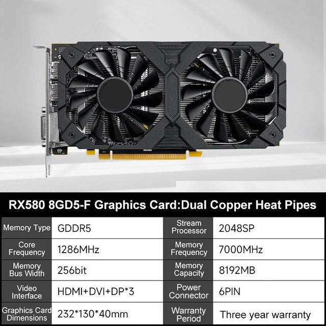 Desktop Computer 8GB GDDR5 PCIe Dual Fan DisplayPort  Video Card RX 580 Graphics Card
