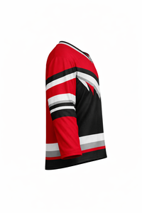 Men's <b>Red</b> Black <b>Striped</b> Ice Hockey Jersey Three Quarter Sleeve Moisture Wicking Mesh V-Neck Custom Sublimated Apparel - Product Image 1
