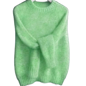 Suéter de punto de mohair verde claro para mujer, cuello redondo, manga larga, informal, suave, cálido, holgado, con puños y bajo acanalados, liso, para invierno - Product Image 1