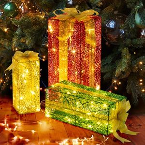VINGLI Set of 3 Lighted Gift <b>Boxes</b> 90 LED Warm White Christmas Lights Pre-Lit Nestable <b>Present</b> <b>Boxes</b> Ornament with Stakes - Product Image 1