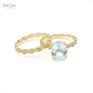 Anillo de Alta Gama con Aguamarina de Corte Ovalado de 10x8mm y Diamantes Blancos, Certificado por IGI, con Anillo Desmontable de Oro Amarillo Fino de 14k, Talla US-7, en Oferta - Product Image 6