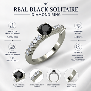 Anillo de Diamante Solitario Negro Auténtico |   Anillo de Compromiso de Oro Blanco de 14K con 0.50TCW para Mujer |   Conjunto de Joyería de Diseño con Detalles Blancos para Regalo - Product Image 5