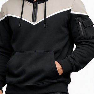 Sudadera con capucha y cremallera de un cuarto para hombre, diseño con bloques de color, bolsillo frontal y cremallera en la manga, estilo casual, negro, beige, blanco - Product Image 4
