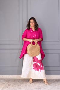 Ensemble coordonné numérique rose pour femme, kurta en coton et pantalon palazzo imprimé crème, tenue décontractée ethnique style Inde Pakistan, coupe classique - Product Image 3