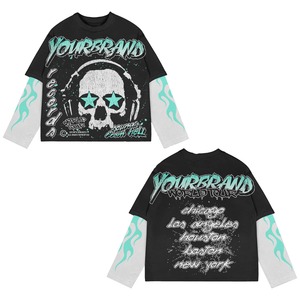 High Quality Double Layer 100% Cotton <b>Polyester</b>/Cotton Oversized Long Sleeve Custom Printed Dtg T-Shirt Streetwear Distressed - Product Image 5