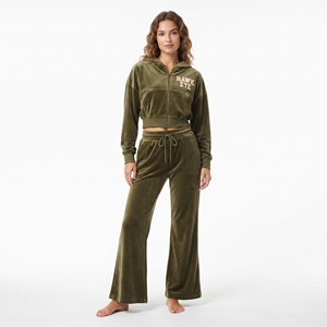 Ensemble de survêtement en velours pour femme, sweat à capuche court à manches longues et pantalon de jogging large, tenue décontractée, ensemble deux pièces écologique pleine longueur - Product Image 4