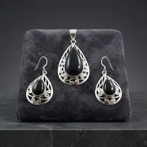Black Onyx 925 Sterling Silver Chic Indian Jewelry Set With Elegant Handmade Pendant Earrings For Women Traditional Fashion - Product Image 4