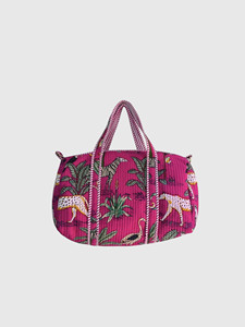 Bolsa de Viaje Acolchada Rosa con Estampado de Palmeras y Leopardo Tropical, Bolsa de Lona de Algodón - Product Image 2