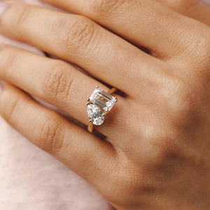 14k Yellow Gold Pear Emerald Diamond <b>Ring</b> 2.60CT Toi Et Moi Lab Grown <b>Two</b> <b>Stone</b> Solitaire Engagement <b>Ring</b> Classic Style - Product Image 2