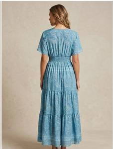 Vestido Maxi Azul con Estampado Paisley, Cuello en V, Cintura Elástica, Manga Corta, Corte Holgado Informal, Verano, Tela No Tejida, 100% Seda, Estilo Vintage - Product Image 4