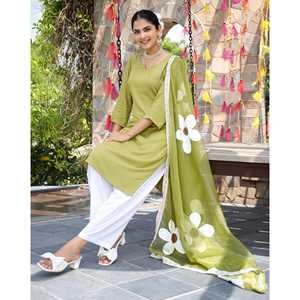 Conjunto de Traje de Rayón Pintado a Mano para Mujer, Talla XS, Color Verde, Marca Nimrat - Product Image 2